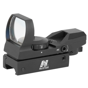 NcSTAR, 4 Reticle Reflex 4 Reticles (Bullseye, Star Burst, Dot, and Cross) Black Weighs 4.3oz 3 MOA Dot 7 Brightness Settings Clamp on Weaver/Picatinny Rail Mount 